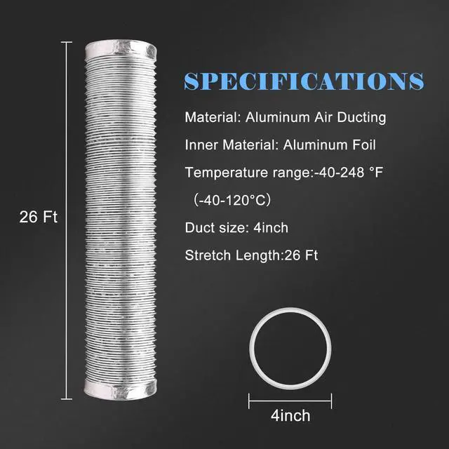 Alt view image 3 of 7 - 4 Inch 26FT Dryer Vent Hose, Flexible Insulated Aluminum Duct with 2 Cleaning Brushes for Indoor & Outdoor Use