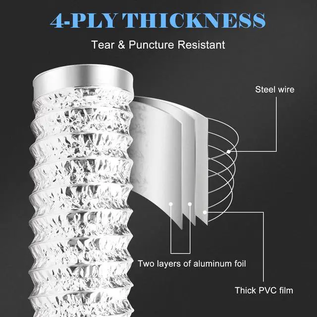 Alt view image 4 of 7 - 4 Inch 26FT Dryer Vent Hose, Flexible Insulated Aluminum Duct with 2 Cleaning Brushes for Indoor & Outdoor Use