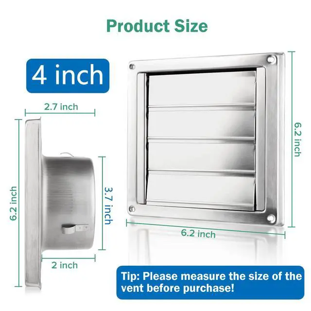 Alt view image 2 of 6 - 4" Metal Dryer Vent Cover for Exterior Wall, Stainless Steel | Weather & UV-Resistant with 4 Screws Rubber Gasket, Exterior Wall Vent Cover with Louvre for Dryer, AC Vents Range, Hood Vent