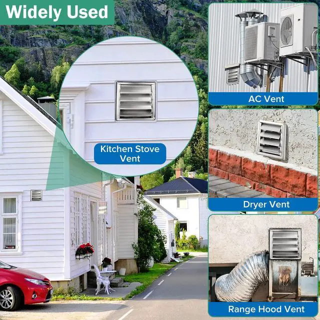 Alt view image 3 of 6 - 4" Metal Dryer Vent Cover for Exterior Wall, Stainless Steel | Weather & UV-Resistant with 4 Screws Rubber Gasket, Exterior Wall Vent Cover with Louvre for Dryer, AC Vents Range, Hood Vent