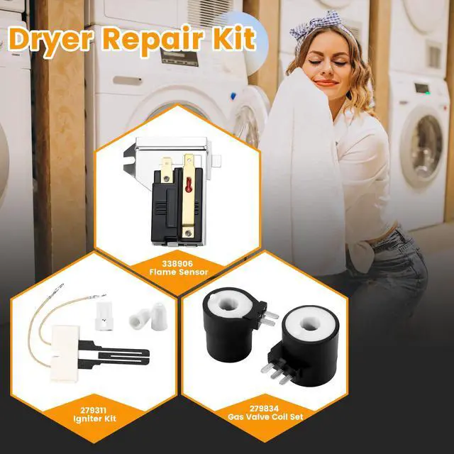 Alt view image 2 of 7 - Dryer Repair Kit Contains 279311 Igniter 279834 Gas Valve Coil 338906 Flame Sensor Fit for Kenmore Whirlpool Maytag Gas Dryers