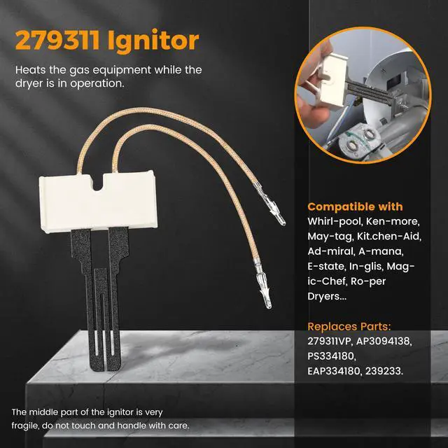 Alt view image 4 of 7 - Dryer Repair Kit Contains 279311 Igniter 279834 Gas Valve Coil 338906 Flame Sensor Fit for Kenmore Whirlpool Maytag Gas Dryers