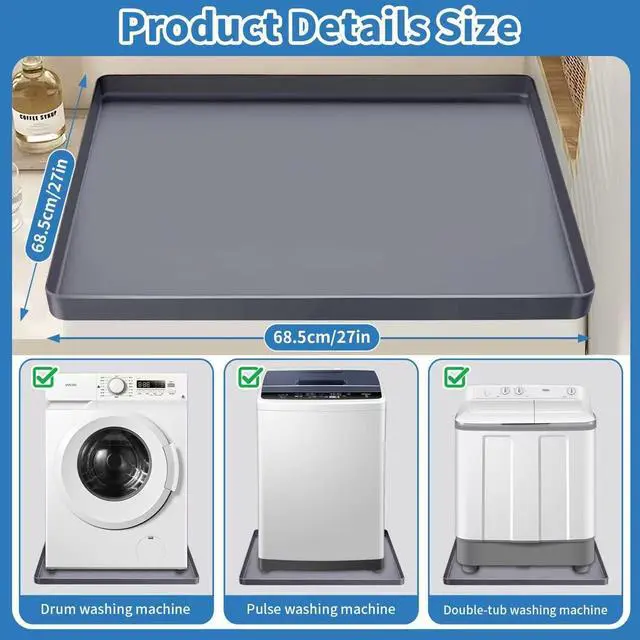 Alt view image 5 of 7 - Washing Machine Drain Pan Silicone mat 27"x27" with 0.79" Raised Edges, Leak-Proof Silicone Mat, Non-Slip Waterproof Floor Protector for Washer Dryer (Grey)