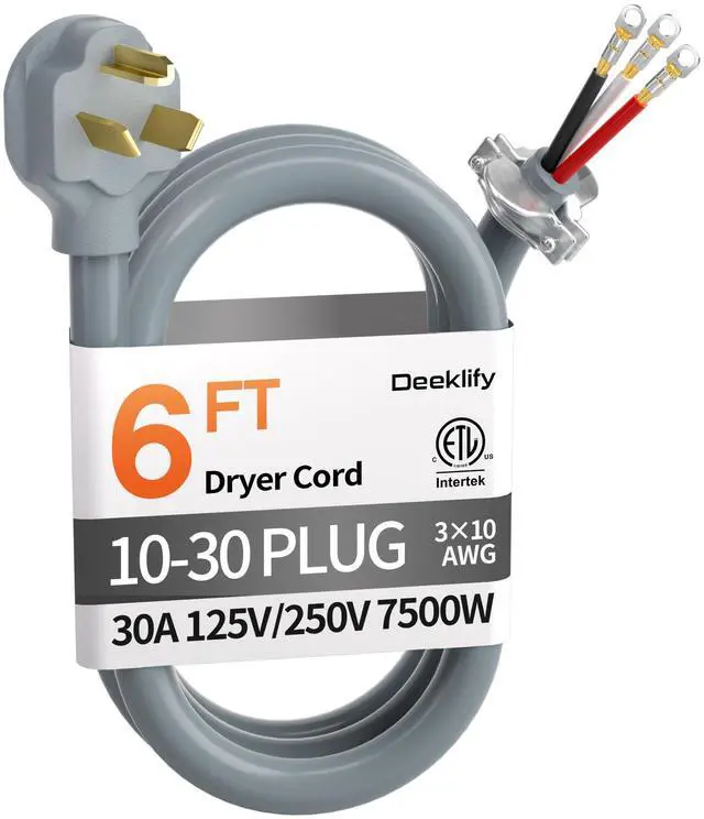 Main image of 6FT 3 Prong Dryer Cord, Pure Copper, NEMA 10-30P Plug, ETL Listed | 3-Wire 30Amp 10 Gauge, Dryer Cord 3 Prong, Dryer Power Cord Replacement, O-Ring Terminals, 250V 7500W, Gray, STW