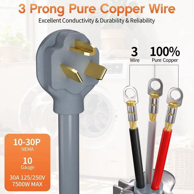Alt view image 2 of 7 - 6FT 3 Prong Dryer Cord, Pure Copper, NEMA 10-30P Plug, ETL Listed | 3-Wire 30Amp 10 Gauge, Dryer Cord 3 Prong, Dryer Power Cord Replacement, O-Ring Terminals, 250V 7500W, Gray, STW