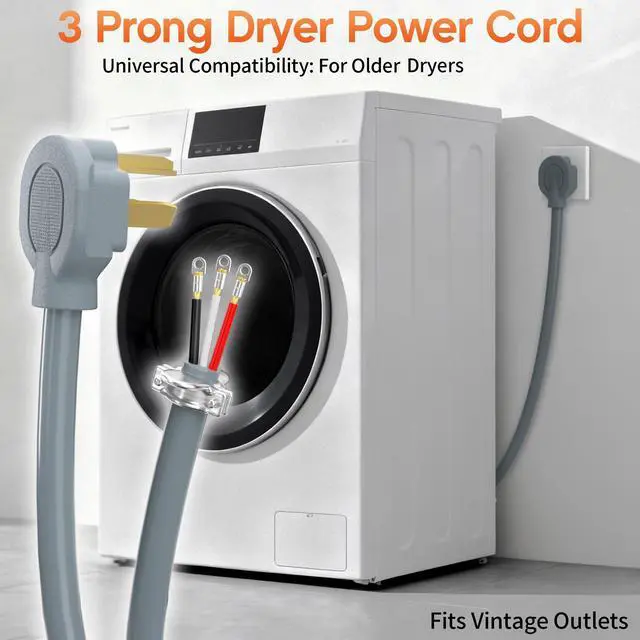 Alt view image 4 of 7 - 6FT 3 Prong Dryer Cord, Pure Copper, NEMA 10-30P Plug, ETL Listed | 3-Wire 30Amp 10 Gauge, Dryer Cord 3 Prong, Dryer Power Cord Replacement, O-Ring Terminals, 250V 7500W, Gray, STW