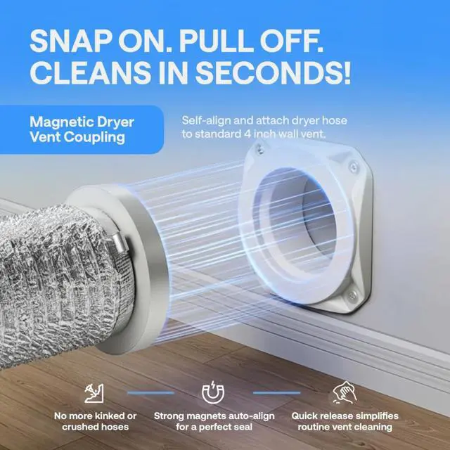 Alt view image 2 of 6 - Magnetic Dryer Vent Kit for Tight Spaces - Self-Aligning Mag-Snap Connector, Heat Resistant & Flame Retardant ABS, Airtight Seal, Includes 4" x 2.6ft Flexible Duct & Clamps