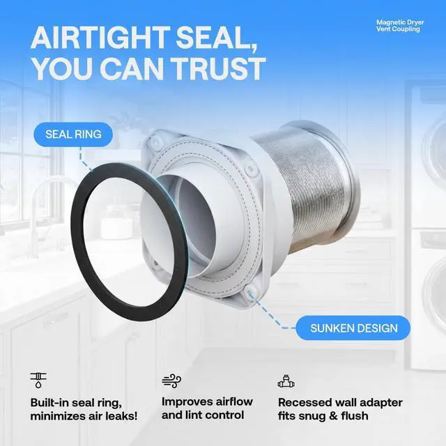 Alt view image 3 of 6 - Magnetic Dryer Vent Kit for Tight Spaces - Self-Aligning Mag-Snap Connector, Heat Resistant & Flame Retardant ABS, Airtight Seal, Includes 4" x 2.6ft Flexible Duct & Clamps