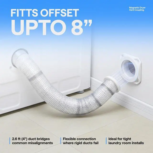 Alt view image 5 of 6 - Magnetic Dryer Vent Kit for Tight Spaces - Self-Aligning Mag-Snap Connector, Heat Resistant & Flame Retardant ABS, Airtight Seal, Includes 4" x 2.6ft Flexible Duct & Clamps