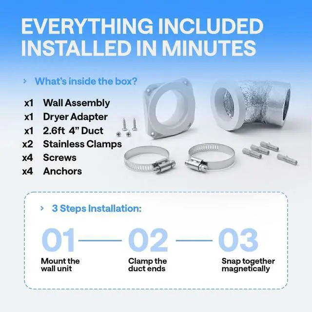 Alt view image 6 of 6 - Magnetic Dryer Vent Kit for Tight Spaces - Self-Aligning Mag-Snap Connector, Heat Resistant & Flame Retardant ABS, Airtight Seal, Includes 4" x 2.6ft Flexible Duct & Clamps