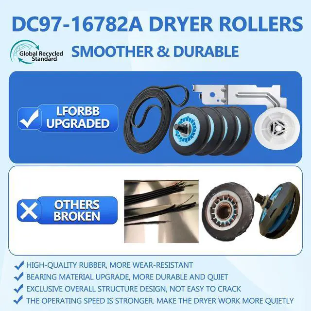 Alt view image 2 of 7 - UpgradedDryer Roller Replacement Part for Samsung DV42H5000EWA3 DV45H7000EWA2 DV48H7400EWA2 DV42H5200EPA3 DV40J3000EWA2, DC97-16782A Dryer Roller DC93-00634A Idler Pulley 6602-001655 Dryer Belt Kit