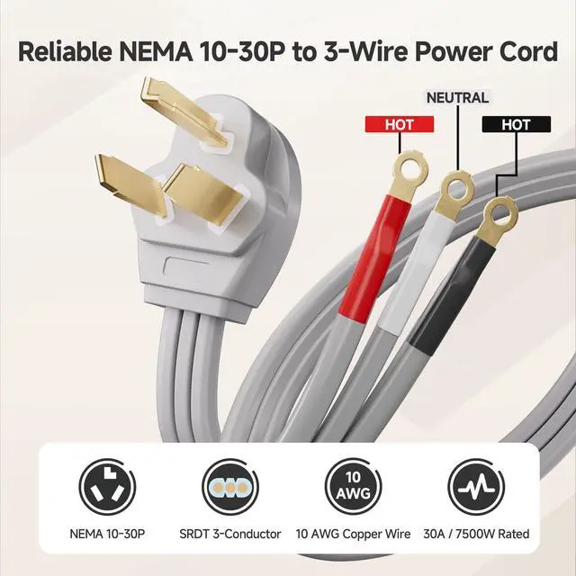 Alt view image 2 of 6 - 10 AWG 30A 3 Prong Dryer Cord, Gray, Appliance Cord, 10ft | 7500W, NEMA 10-30P to 3-Wire, Ring Terminals, Strain Relief Included, for 3-Wire Dryer Outlets