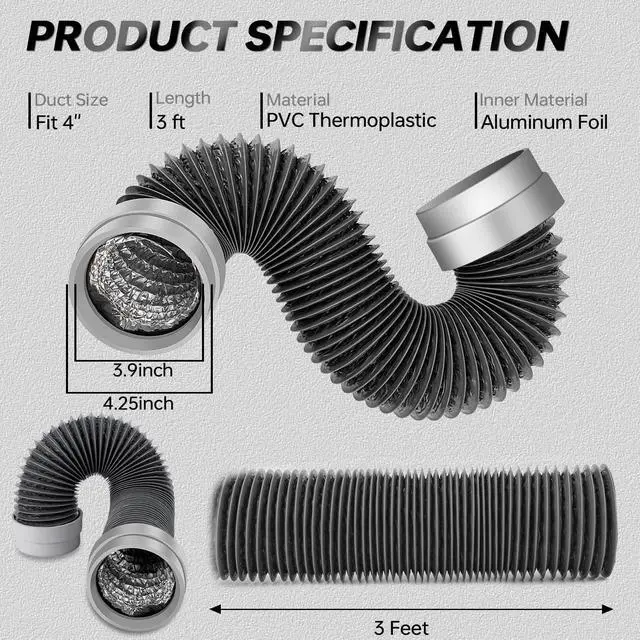 Alt view image 2 of 7 - 3FT Dryer Vent Hose 4 Inch, Heavy Duty Flexible Aluminum Duct | Rubber Seal Connectors, Easy Install, 6-Layer Aluminum, Heat Resistant Exhaust Hose for Tight Spaces, Vent Kit & 2 Clamps