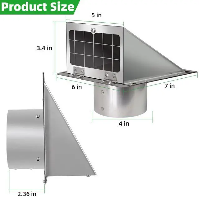 Alt view image 2 of 7 - 4 Inch Dryer Vent Cover Outside with Mesh with Cushioned Flap,304 Stainless Steel Wall Vent Exhaust Vent Cover,4" Outdoor Dryer Vent Cover Hood Exterior Wall Vent Cover Cap for Range Hood Vent AC Vent