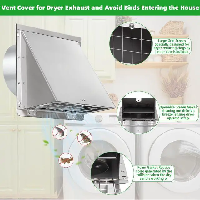 Alt view image 3 of 7 - 4 Inch Dryer Vent Cover Outside with Mesh with Cushioned Flap,304 Stainless Steel Wall Vent Exhaust Vent Cover,4" Outdoor Dryer Vent Cover Hood Exterior Wall Vent Cover Cap for Range Hood Vent AC Vent
