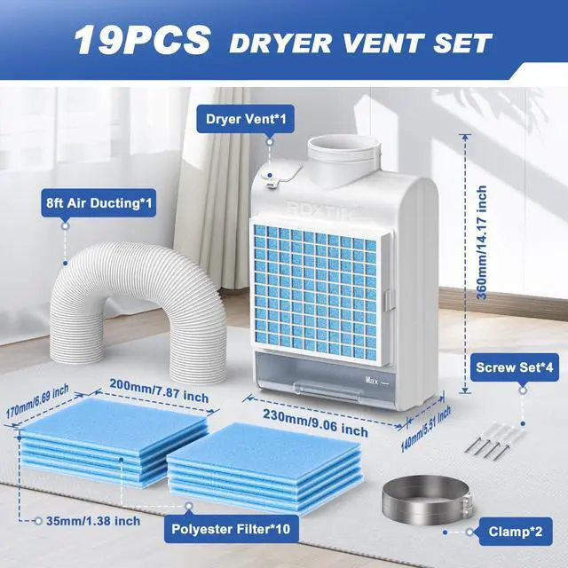 Alt view image 3 of 7 - 3-in-1 Indoor Dryer Vent Kit, 10 Pcs Polyester Filters for 4 Layer Purification System, Stainless Steel Screen Filter and Water Drawer For Electric Dryer
