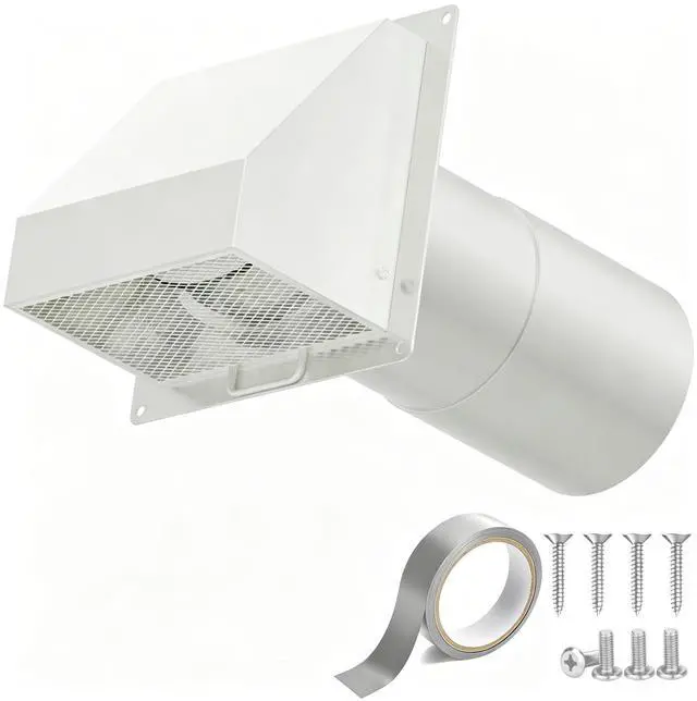 Main image of 4 Inch Dryer Vent Cover Outside with Magnetic Damper, Galvanized Steel Hooded Wall Vent with Removable Screen, 4'' Exterior Dryer Vent for Dryer, Bathroom, Kitchen Exhaust, White