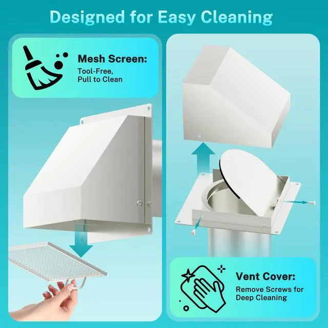 Alt view image 7 of 7 - 4 Inch Dryer Vent Cover Outside with Magnetic Damper, Galvanized Steel Hooded Wall Vent with Removable Screen, 4'' Exterior Dryer Vent for Dryer, Bathroom, Kitchen Exhaust, White