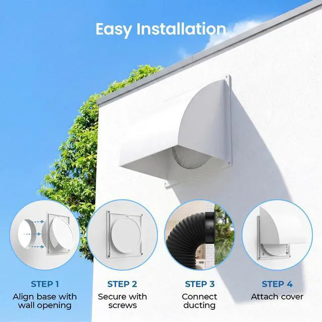 Alt view image 2 of 7 - 8 Inch Exterior Vent Cover, Heavy-Duty Metal Wall Vent Cover with Removable Screen & Non-Return Flap, Outdoor Dryer Vent Hood White