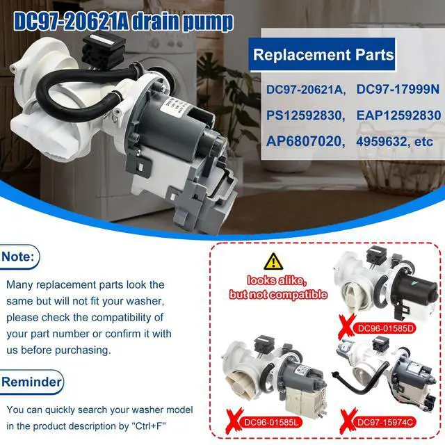 Alt view image 2 of 7 - DC97-20621A, DC97-20621C, DC97-17999N Drain Pump Assembly(OEM) Compatible with samsung washer(some models), Replace Number: DC31-00187A, PX3516-01, AP6807020, 4959632, PS12592830, EAP12592830 etc
