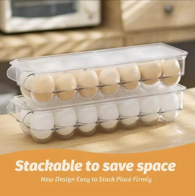 Alt view image 4 of 7 - Egg Holder Container for Fridge with Lid and Handle, Clear Plastic Egg Storage Organizer Bins for Refrigerator, Stackable Tray Holds 14 Eggs. (28 Eggs, 2 Packs)