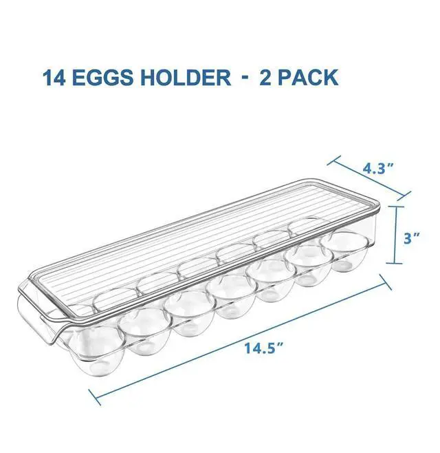 Alt view image 6 of 7 - Egg Holder Container for Fridge with Lid and Handle, Clear Plastic Egg Storage Organizer Bins for Refrigerator, Stackable Tray Holds 14 Eggs. (28 Eggs, 2 Packs)