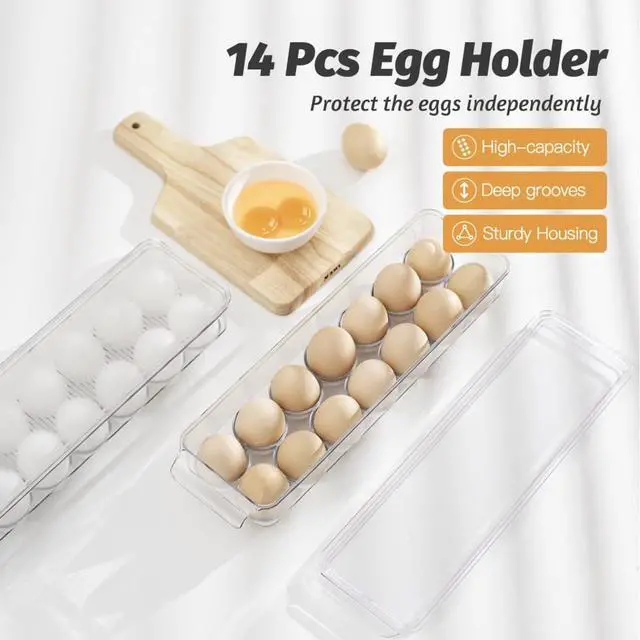 Alt view image 2 of 7 - Egg Holder Container for Fridge with Lid and Handle, Clear Plastic Egg Storage Organizer Bins for Refrigerator, Stackable Tray Holds 14 Eggs. (28 Eggs, 2 Packs)