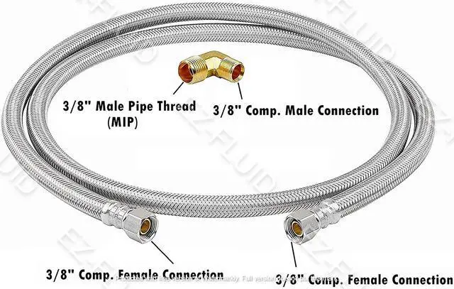 Alt view image 2 of 3 - LeadFree 48-Inch Stainless Steel Dishwasher Hose for Cold/Hot Water hose connectors,3/8" Female Comp. x 3/8" Female Comp. Dishwasher Water Supply Line w/ 3/8" MIP x 3/8" Male Comp Elbow (2Ps)