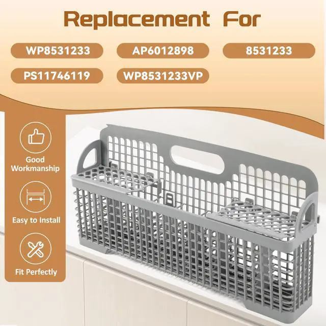 Alt view image 3 of 7 - WP8531233 8531233 Universal Dishwasher Silverware Basket Compatible with Whirlpool Kenmore Dishwasher Accessory AP6012898 PS11746119 WP8531233VP Replacement Utensil Rack Basket Gray