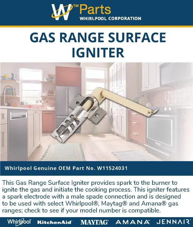 Alt view image 4 of 6 - Whirlpool W11524031 OEM Gas Range Surface Igniter, Multicolor