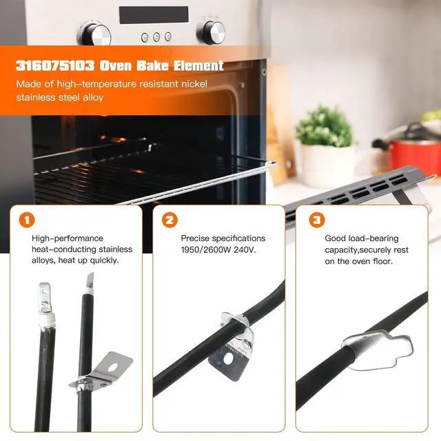 Alt view image 4 of 7 - Update Version 316075103 316075104 Oven Bake Heating Element for fef352dsa fefl68gma fef365bwc fef365bwf fef366ebc mef322bewb fef336bgwd 79096021401 ffef366ecb
