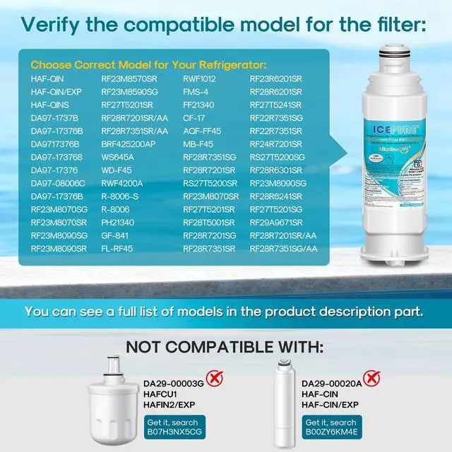 Alt view image 2 of 7 - Alkaline DA97-17376B Refrigerator Water Filter Replacement for Samsung HAF-QIN/EXP, DA97-08006C, WD-F45, WS645A RS27T5200SR RS22T5201SR RF28R7201SR RF32CG5400SR RF23M8070SG, Enhances PH, 1Pack