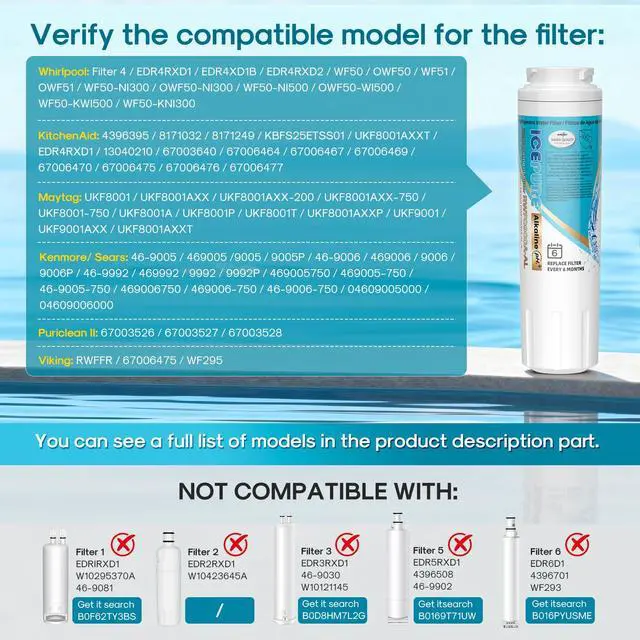 Alt view image 2 of 7 - Alkaline UKF8001 Refrigerator Water Filter Replacement for Whirlpool EDR4RXD1, EveryDrop Filter 4, Maytag UKF8001, 4396395, UKF8001P, UKF8001AXX, RFC0900A, UKF8001AXX-200, Enhances PH, 2Pack