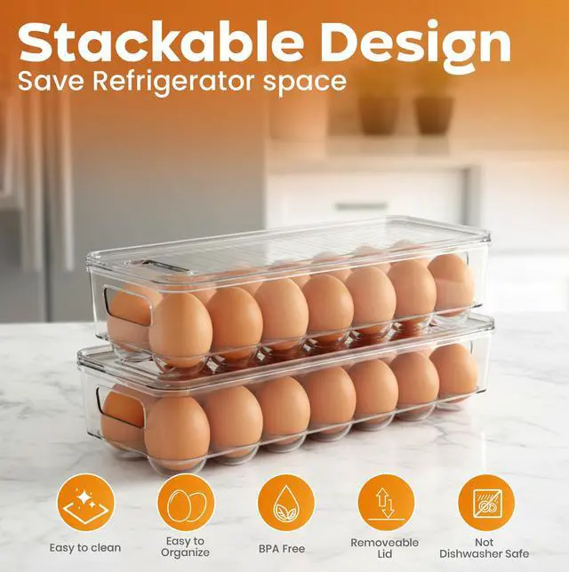 Alt view image 5 of 7 - Egg Holder for Fridge, Stackable Egg Container, 2 Pack, Clear | With Lid and Handle, For Refrigerator Organization, Egg Holder For Kitchen or Pantry Organizers and Storage