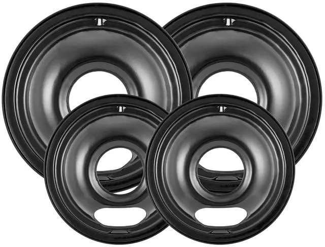 Main image of 4 Pack Black Cooktop Drip Pans, Compatible with GE Hotpoint Stove. Include 2 Pcs 6'' Range Replacement Drip Pans and 2 Pcs 8 '' Burner Drip Pans for Electric Stove Top