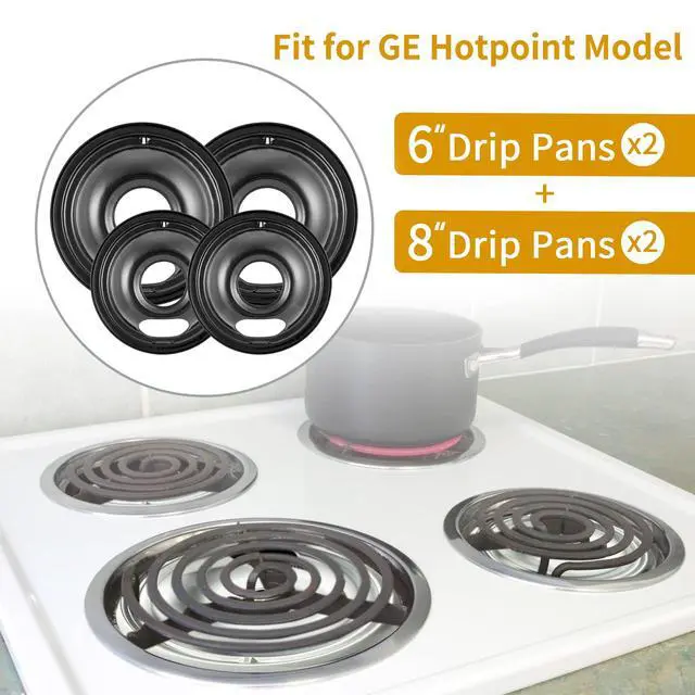 Alt view image 2 of 6 - 4 Pack Black Cooktop Drip Pans, Compatible with GE Hotpoint Stove. Include 2 Pcs 6'' Range Replacement Drip Pans and 2 Pcs 8 '' Burner Drip Pans for Electric Stove Top