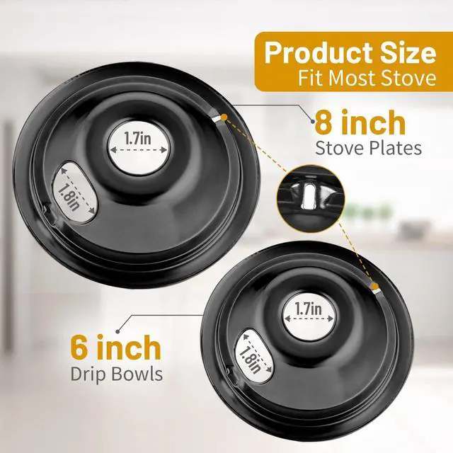 Alt view image 3 of 6 - 4 Pack Black Cooktop Drip Pans, Compatible with GE Hotpoint Stove. Include 2 Pcs 6'' Range Replacement Drip Pans and 2 Pcs 8 '' Burner Drip Pans for Electric Stove Top