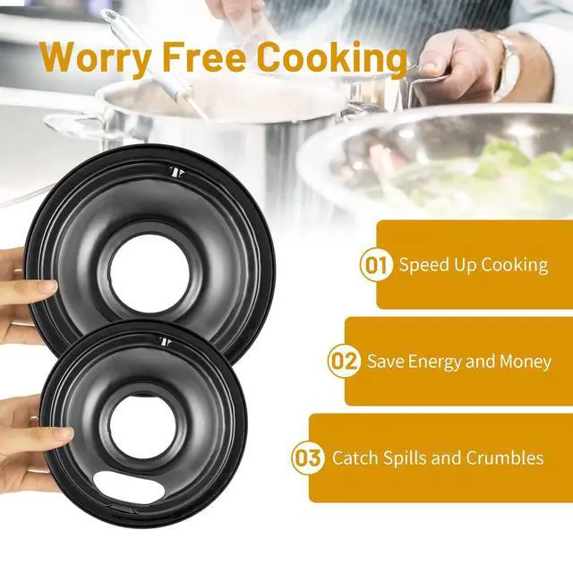 Alt view image 6 of 6 - 4 Pack Black Cooktop Drip Pans, Compatible with GE Hotpoint Stove. Include 2 Pcs 6'' Range Replacement Drip Pans and 2 Pcs 8 '' Burner Drip Pans for Electric Stove Top