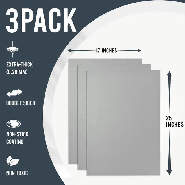 Alt view image 2 of 7 - Oven Liners for Bottom of Oven - 17"x 25" Large Heavy Duty Non-Stick 3 Pack | Resistant to 500°F, BPA & PFOA Free, Reusable, Fits Electric, Gas, Toaster, Microwave Ovens & Grills, Spill Guard, Silver
