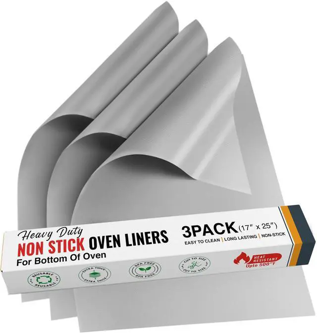 Main image of Oven Liners for Bottom of Oven - 17"x 25" Large Heavy Duty Non-Stick 3 Pack | Resistant to 500°F, BPA & PFOA Free, Reusable, Fits Electric, Gas, Toaster, Microwave Ovens & Grills, Spill Guard, Silver