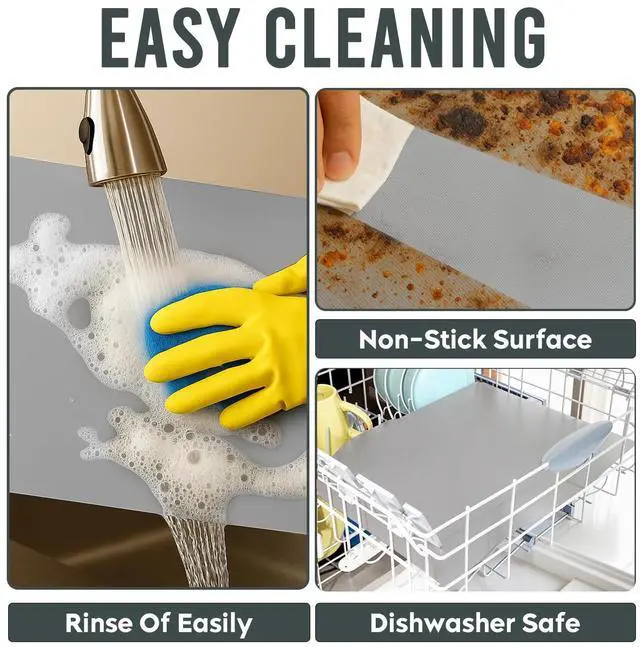 Alt view image 7 of 7 - Oven Liners for Bottom of Oven - 17"x 25" Large Heavy Duty Non-Stick 3 Pack | Resistant to 500°F, BPA & PFOA Free, Reusable, Fits Electric, Gas, Toaster, Microwave Ovens & Grills, Spill Guard, Silver