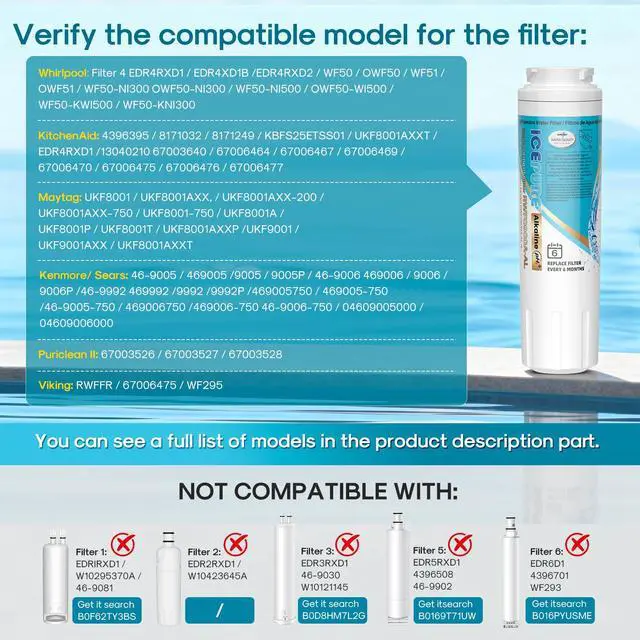 Alt view image 2 of 7 - Alkaline UKF8001 Refrigerator Water Filter Replacement for Whirlpool EDR4RXD1, EveryDrop Filter 4, Maytag UKF8001, 4396395, UKF8001P, UKF8001AXX, RFC0900A, UKF8001AXX-200, Enhances PH, 3 Pack