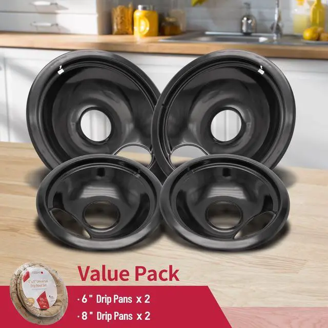 Alt view image 6 of 6 - Stove Drip Pan for Electric Stove Top, Compatible with Frigidaire 10% Energy Save by Enamel Spraying Prevent Bending and Rust Includes a Set of 4 Oven Burner Drip Pans, Black