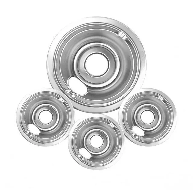 Main image of 4-Piece Drip Pans Set - Compatible with GE Stoves - Chrome Finish Electric Stove Burner Drip Pans - 3 x 6inch, 1 x 8inch Stove Drip Pans - GE Stove Drip