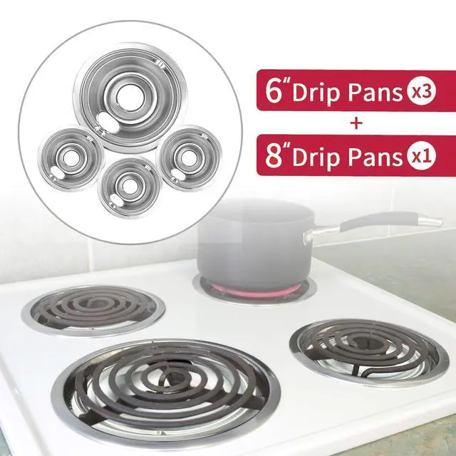 Alt view image 2 of 7 - 4-Piece Drip Pans Set - Compatible with GE Stoves - Chrome Finish Electric Stove Burner Drip Pans - 3 x 6inch, 1 x 8inch Stove Drip Pans - GE Stove Drip