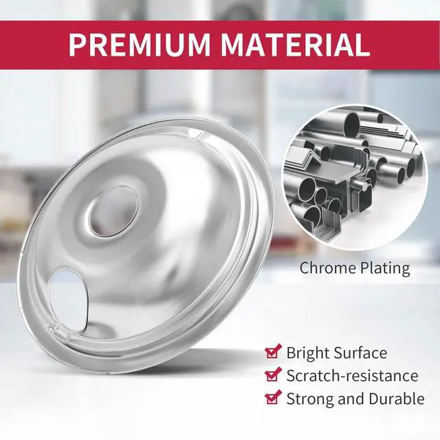 Alt view image 4 of 7 - 4-Piece Drip Pans Set - Compatible with GE Stoves - Chrome Finish Electric Stove Burner Drip Pans - 3 x 6inch, 1 x 8inch Stove Drip Pans - GE Stove Drip