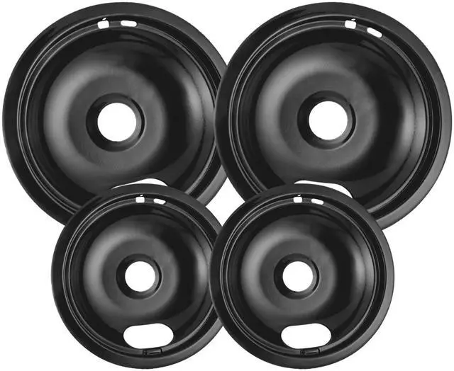 Main image of 4 Pack Black Drip Pans, Compatible with Whirpool Kenmore Frigirate Stove Top Drip Bowls. Include 2 Pcs 6'' Range Replacement Drip Pans and 2 Pcs 8 '' Cooktop Drip Pans