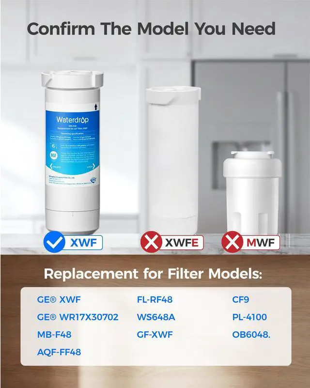 Alt view image 2 of 7 - XWF Water Filter Replacement for GE® WR17X30702, 4 Pack, No chip | Replacement for GE® XWF, NSF 42 & 372 Certified, Compatible with GE® GNE27, GFE26, GDE25, GSS25, PSE25 Series Refrigerators