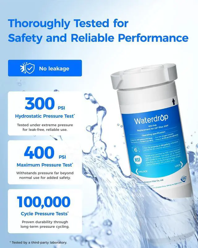 Alt view image 6 of 7 - XWF Water Filter Replacement for GE® WR17X30702, 4 Pack, No chip | Replacement for GE® XWF, NSF 42 & 372 Certified, Compatible with GE® GNE27, GFE26, GDE25, GSS25, PSE25 Series Refrigerators