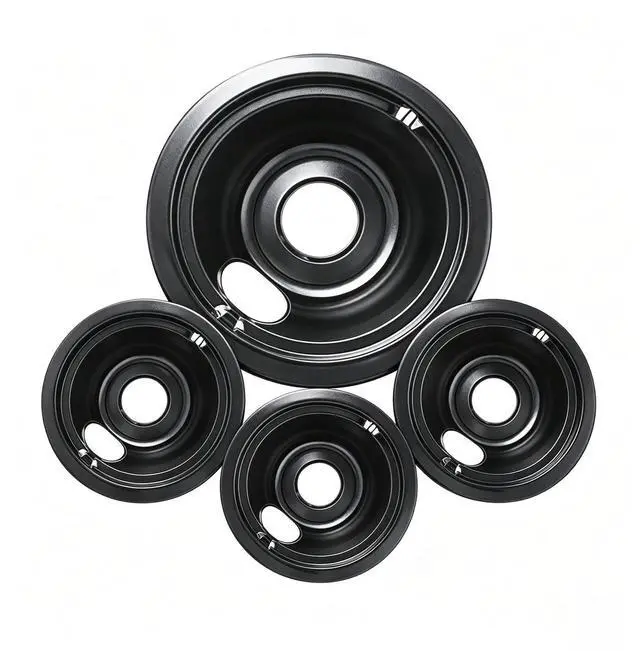 Main image of GE Black Stove Drip Pans, 10% Energy Save by Enamel Spraying Prevent Bending and Rust - Include 3Pcs 6'' Burner Drip Pans and 1Pcs 8'' Drip Bowl